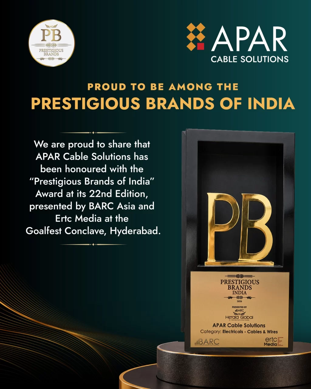 BARC Asia and Ertc Media. - APAR Cable Solutions is honored with the “Prestigious Brands of India” Award